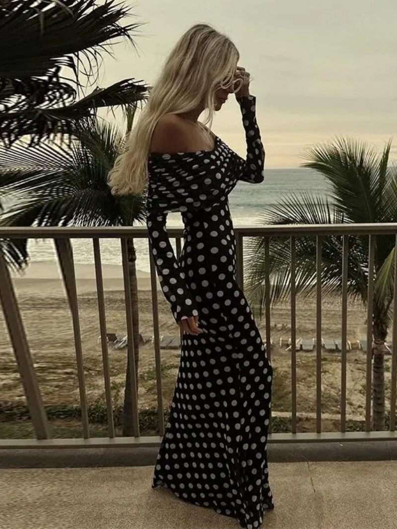 Robe Longue À Pois Épaules Dénudées Manches Longues Maxi D'été Chic Pour Femmes - Noir