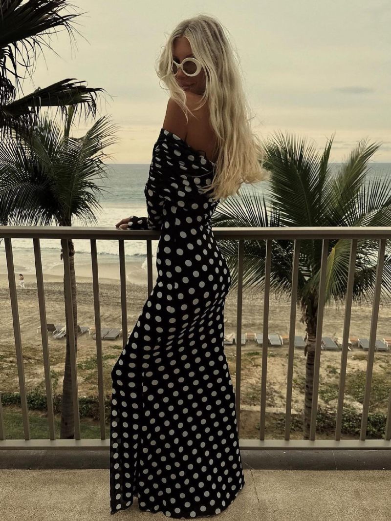 Robe Longue À Pois Épaules Dénudées Manches Longues Maxi D'été Chic Pour Femmes - Noir