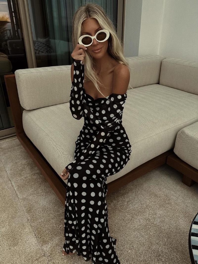 Robe Longue À Pois Épaules Dénudées Manches Longues Maxi D'été Chic Pour Femmes - Noir