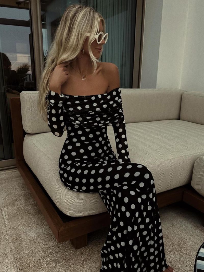 Robe Longue À Pois Épaules Dénudées Manches Longues Maxi D'été Chic Pour Femmes - Noir