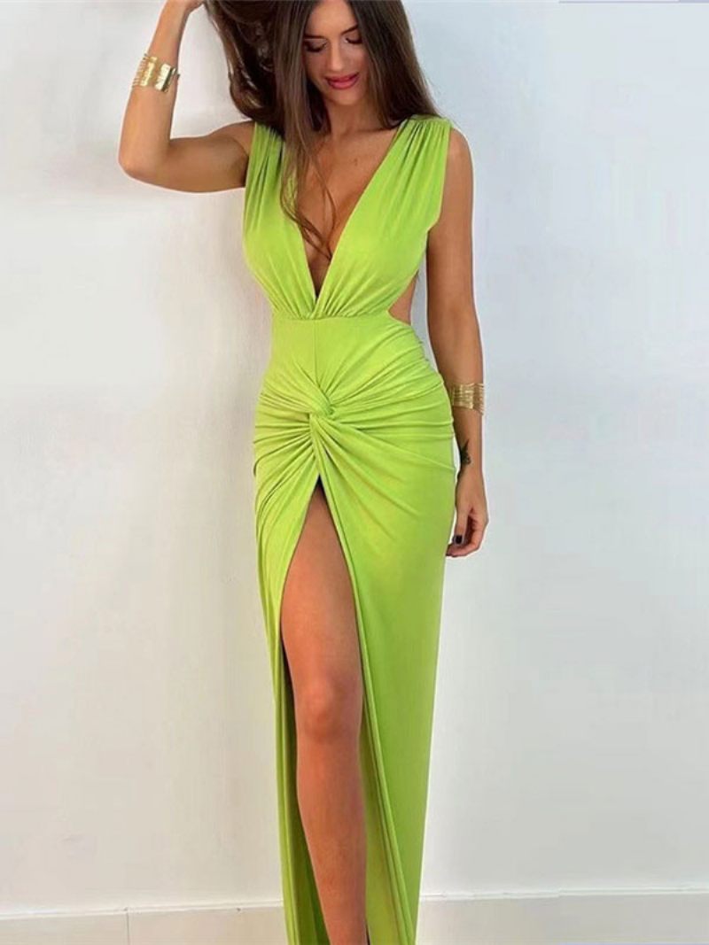 Robe Maxi Pour Femmes Col V Sans Manches Sexy Fente Haute Plissée Longueur Au Sol - Vert