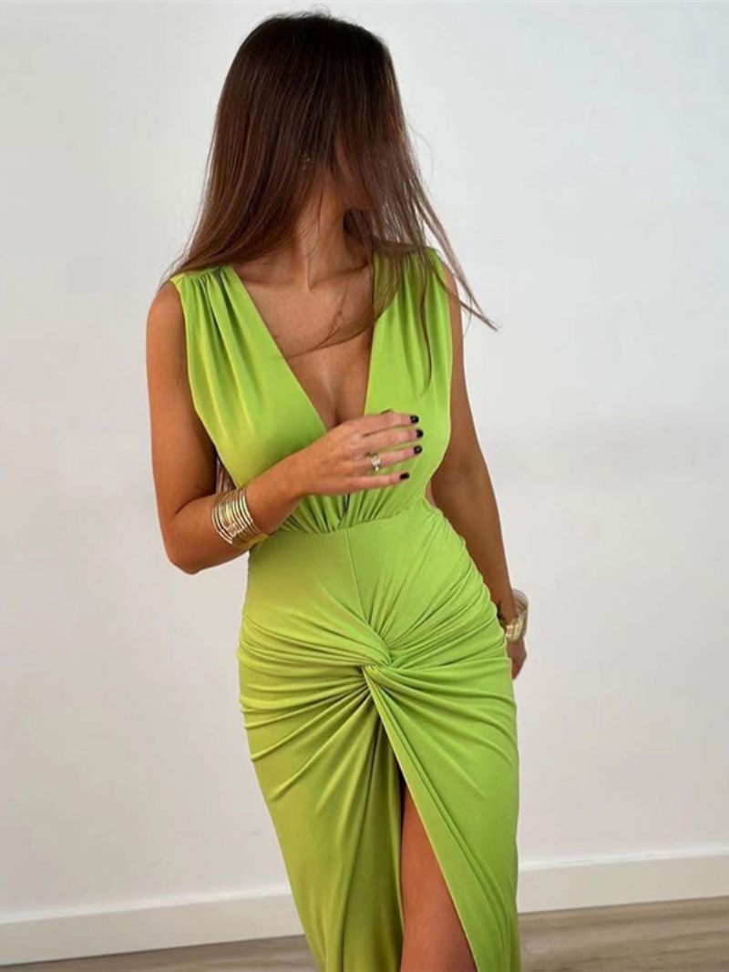 Robe Maxi Pour Femmes Col V Sans Manches Sexy Fente Haute Plissée Longueur Au Sol - Vert