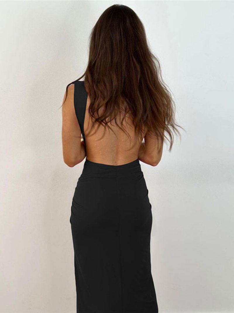 Robe Maxi Pour Femmes Col V Sans Manches Sexy Fente Haute Plissée Longueur Au Sol - Noir