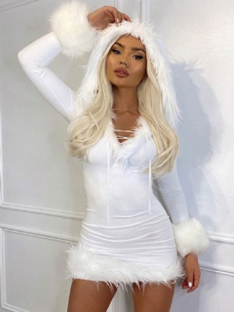 Robe Moulante Blanche À Capuche Manches Longues Extensible Pour Noël Halloween Robes Vacances