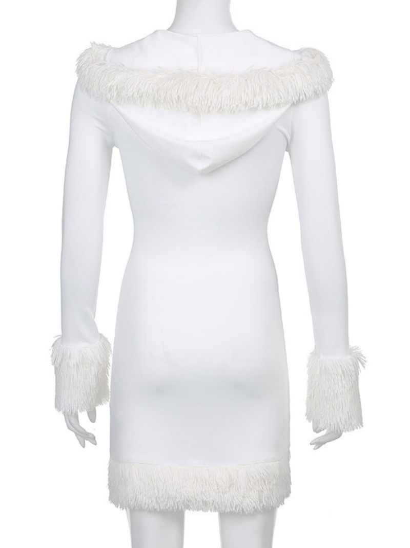 Robe Moulante Blanche À Capuche Manches Longues Extensible Pour Noël Halloween Robes Vacances - Blanc