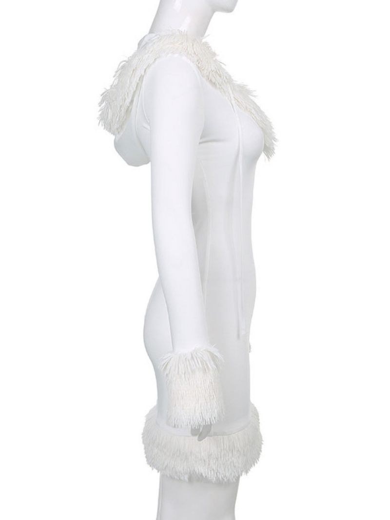 Robe Moulante Blanche À Capuche Manches Longues Extensible Pour Noël Halloween Robes Vacances - Blanc