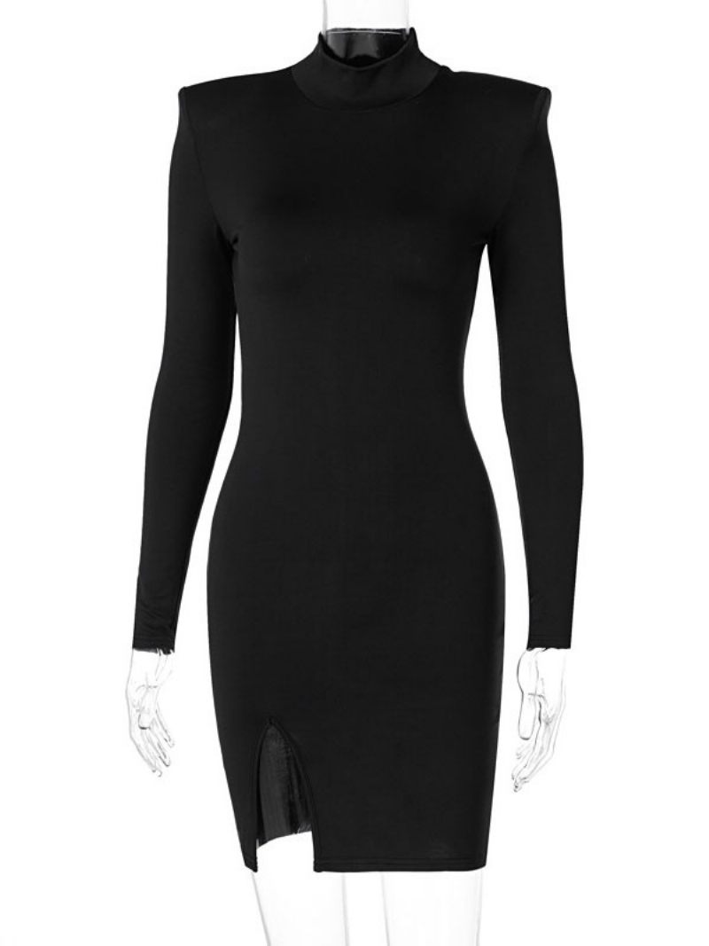 Robe Moulante Noire À Manches Longues Pour Femmes Fendue Sur Le Devant Sexy Col Haut Robes Portefeuille Superposées Fourreau - Noir