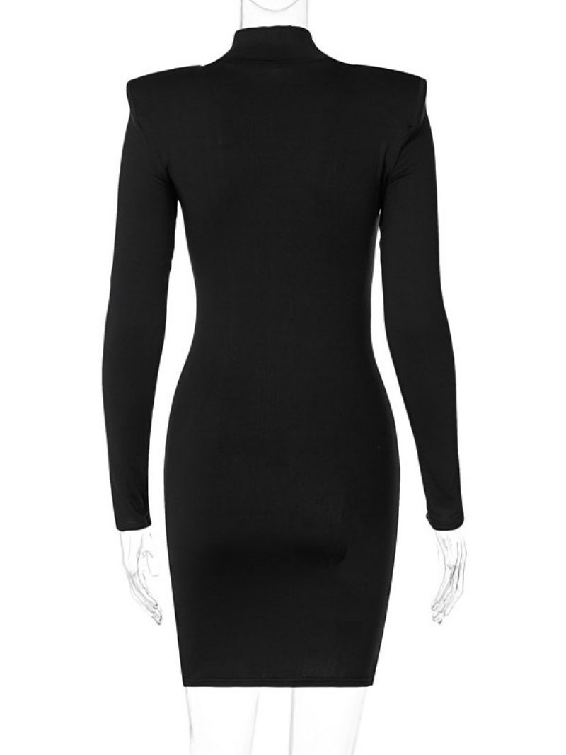 Robe Moulante Noire À Manches Longues Pour Femmes Fendue Sur Le Devant Sexy Col Haut Robes Portefeuille Superposées Fourreau - Noir