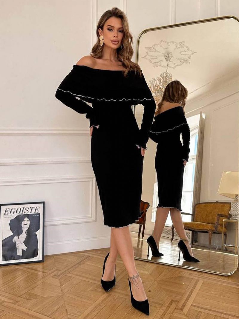 Robe Moulante Pliable Pour Femmes Robes Mi-longues Contrastées À Épaules Dénudées - Noir