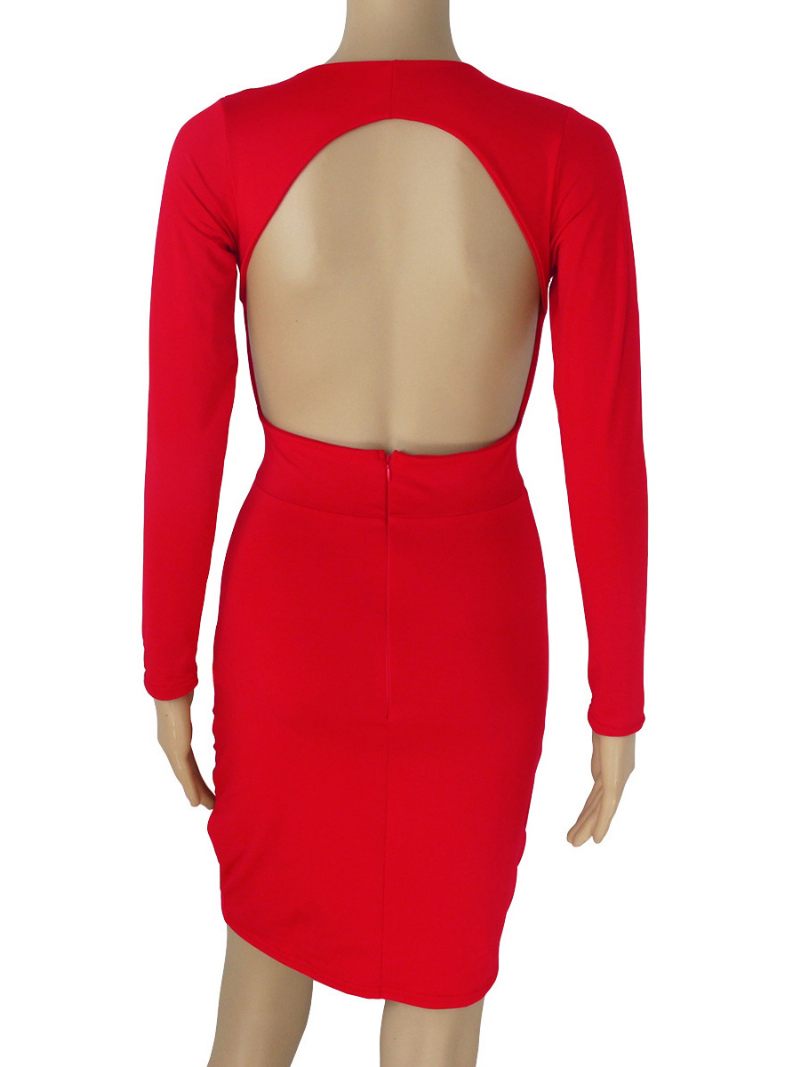 Robe Moulante Rouge D'anniversaire Col Plongeant Manches Longues Découpée Dos Nu Mini Portefeuille Sexy Pour Femmes - Rouge Ture