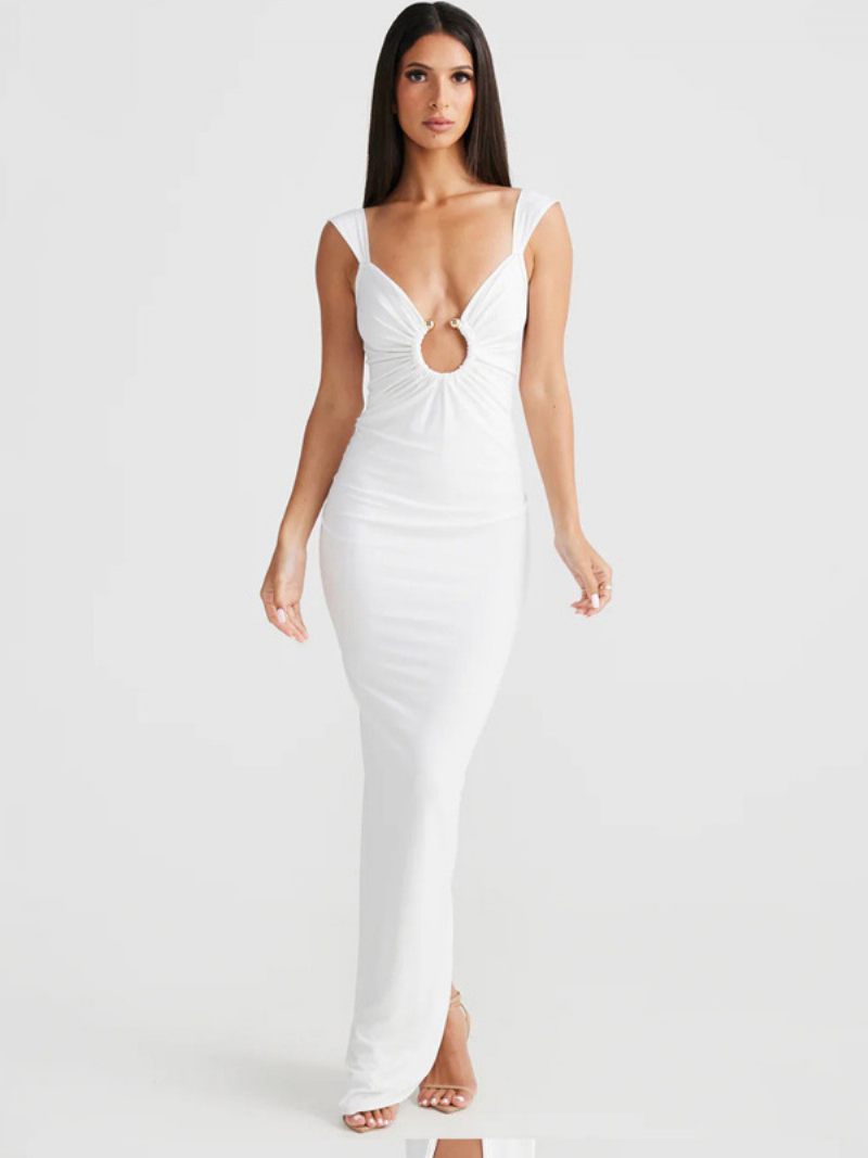 Robe Soirée Sans Manches Pour Femmes Dos Ouvert Détails Métalliques Fendu Robes Longues Sexy - Blanc