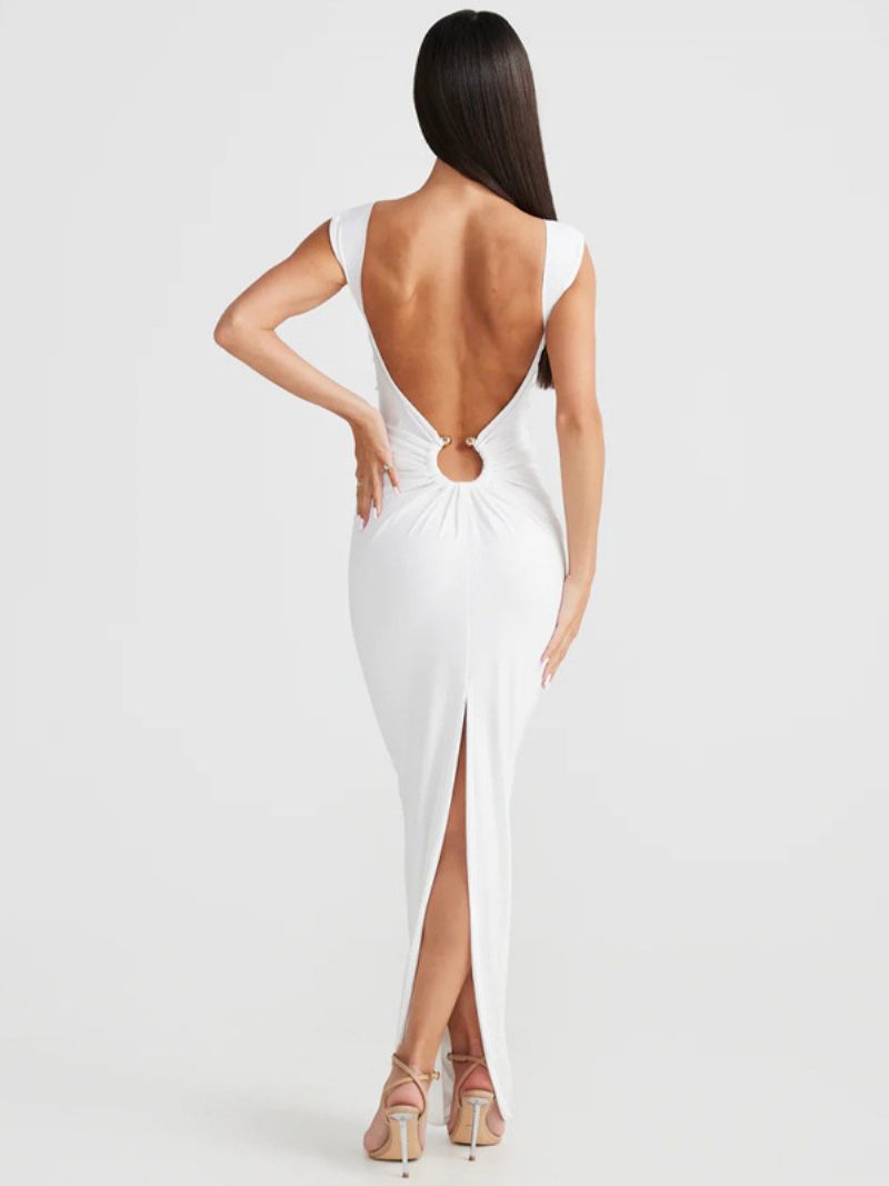 Robe Soirée Sans Manches Pour Femmes Dos Ouvert Détails Métalliques Fendu Robes Longues Sexy - Blanc