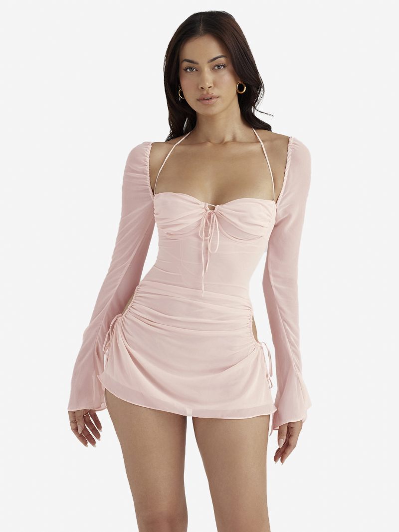 Robes Moulantes Pour Femmes Dos Nu Plissées Sur Le Devant Mini Crayon Sexy - Rose Clair