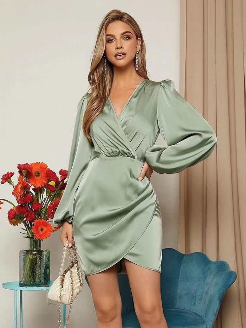 Robes Moulantes Pour Femmes Fausse Enveloppe Manches Longues Robe Fourreau Froncée Couleur Unie - Vert