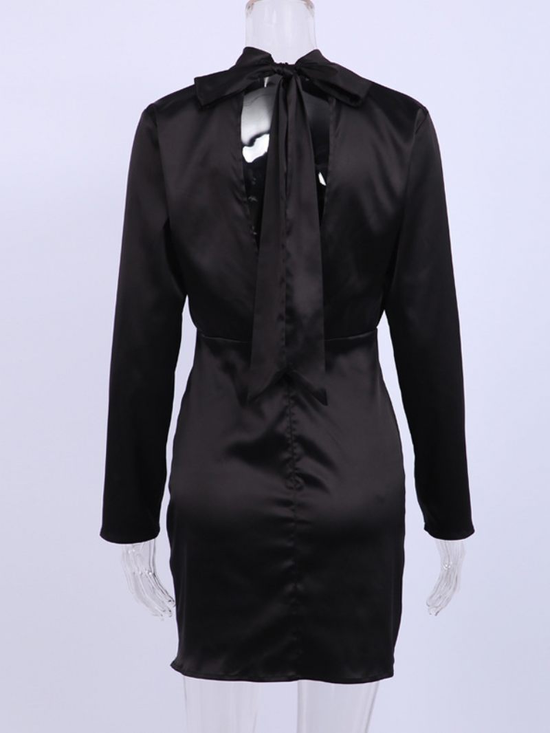 Robes Moulantes Pour Femmes Manches Longues Noires Robe Fourreau Mi-longue Sexy À Col Bijou - Noir