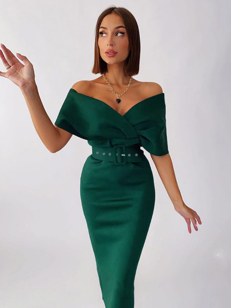 Robes Moulantes Pour Femmes Vert Foncé Manches Courtes Fermeture Éclair Sexy Col V Superposées Coupe Cintrée Robe Fourreau - Vert Foncé