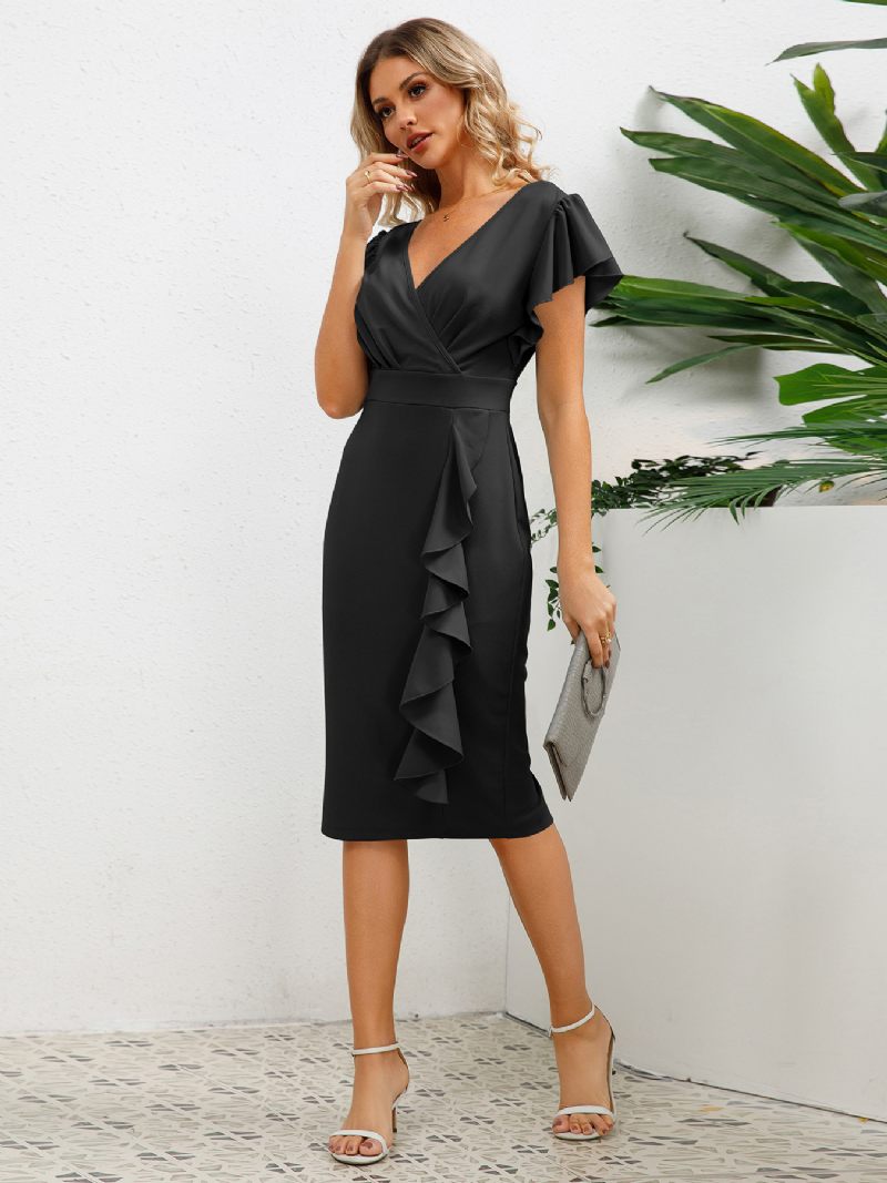 Robes Soirée Pour Femmes Robe Semi-formelle Verte Plissée À Col V Et Manches Courtes - Noir