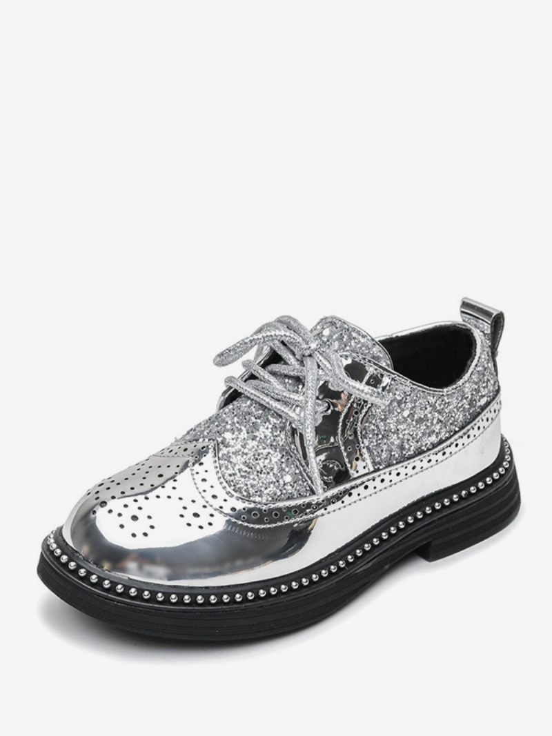 Chaussures Habillées Pour Garçon Brogue Noir Glitter Bout Rond À Lacets Soirée Formelles - Argent