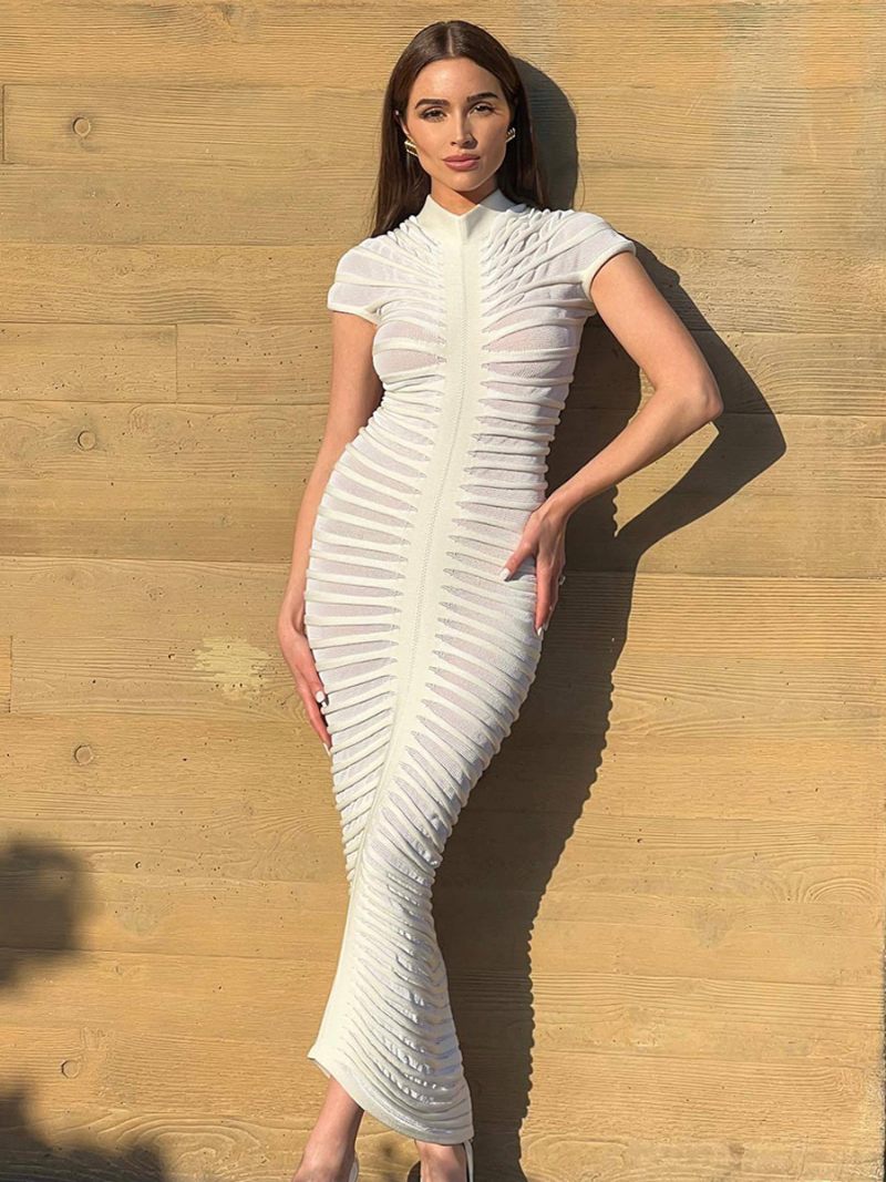 Robe Moulante Transparente À Manches Courtes Pour Femme - Longue Froncée Soirée - Blanc