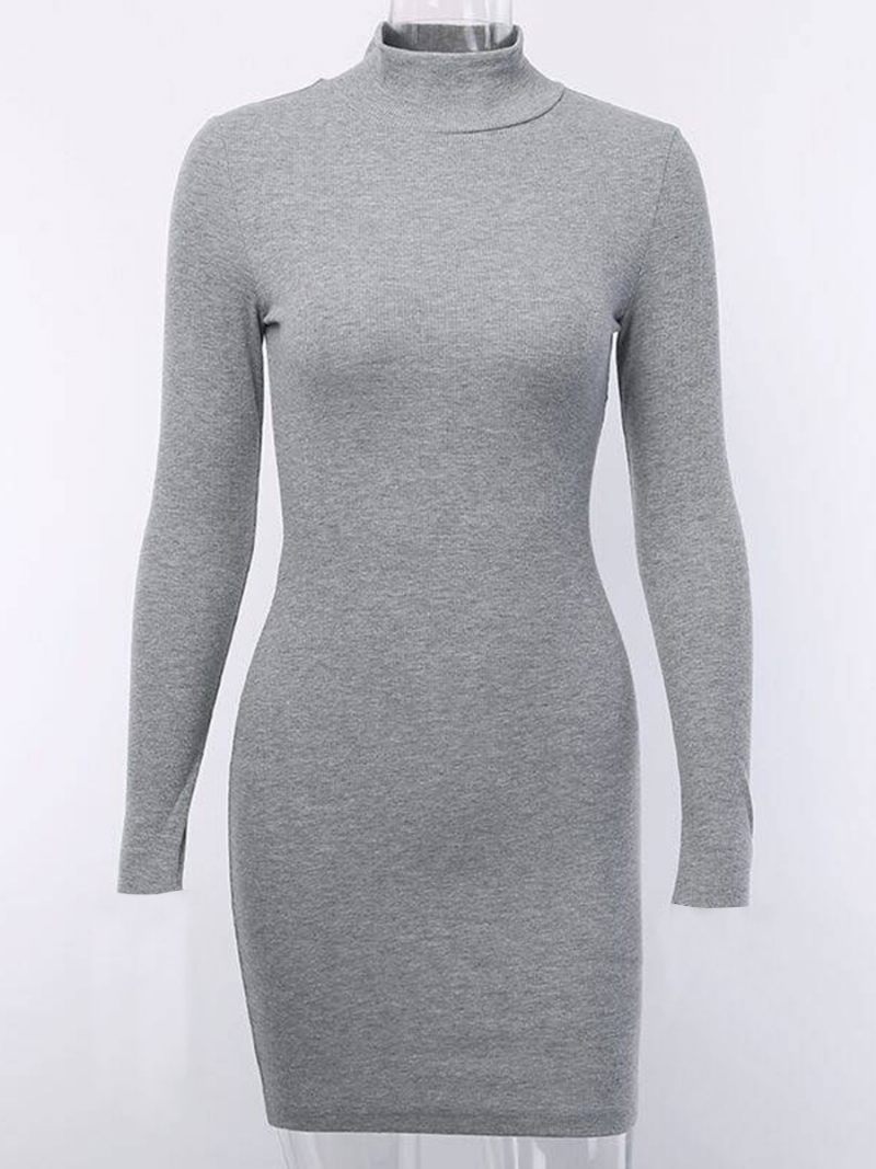 Robe Moulante Tricotée Pour Femmes Col Montant Manches Longues Mini Fourreau Décontractée - Gris