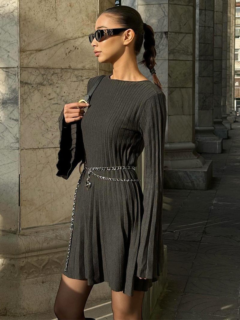 Robe Tricotée Crochet Pour Femmes Col Bijou Manches Longues Viscose Robes Modernes - Gris