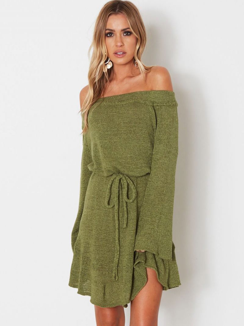 Robe Tricotée Pour Femmes Belle À Lacets Col Bateau Manches Longues Polyester Surdimensionné - Vert