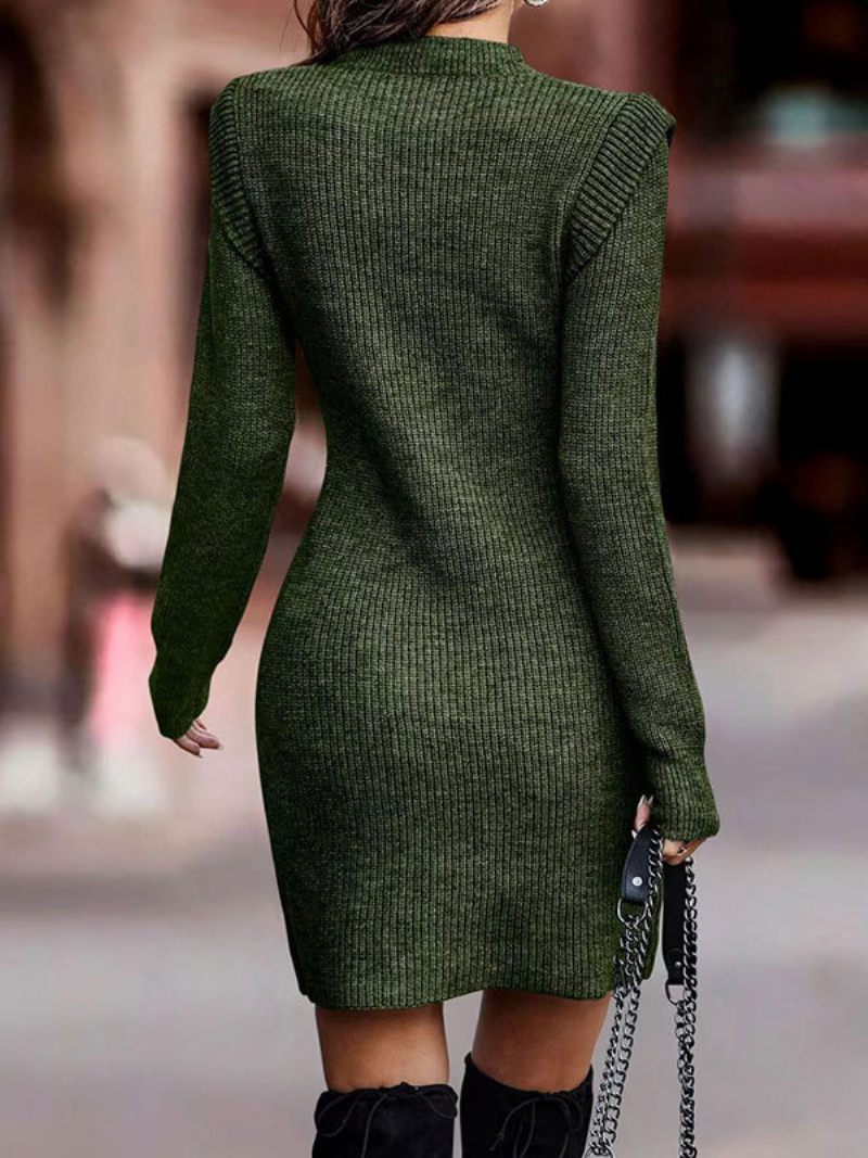 Robe Tricotée Pour Femmes Manches Longues Col Bijou Mini Moulante D'automne - Vert Chasseur