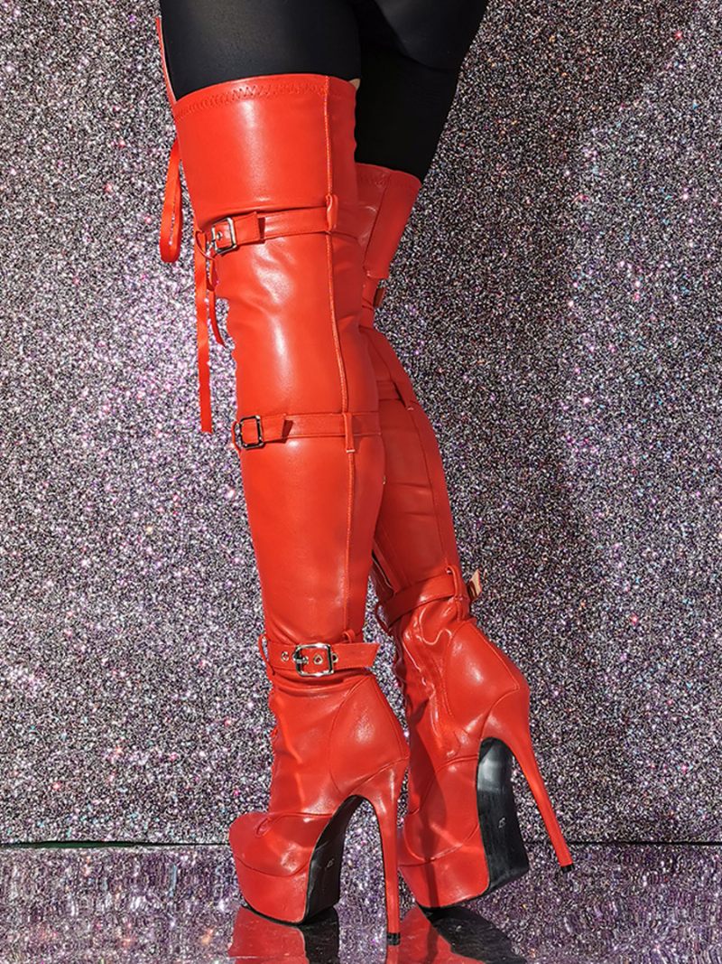 Bottes Hautes Cuir Pu À Talon Aiguille Pour Femmes - Rouge