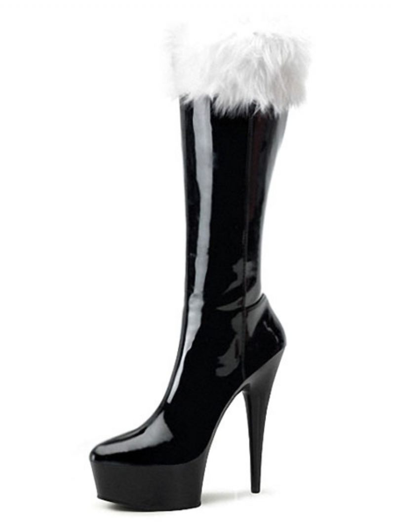 Bottes À Plateforme Sexy Noël Rouge Pour Femmes Garniture Fourrure Talons Hauts Chaussures D'hiver - Noir