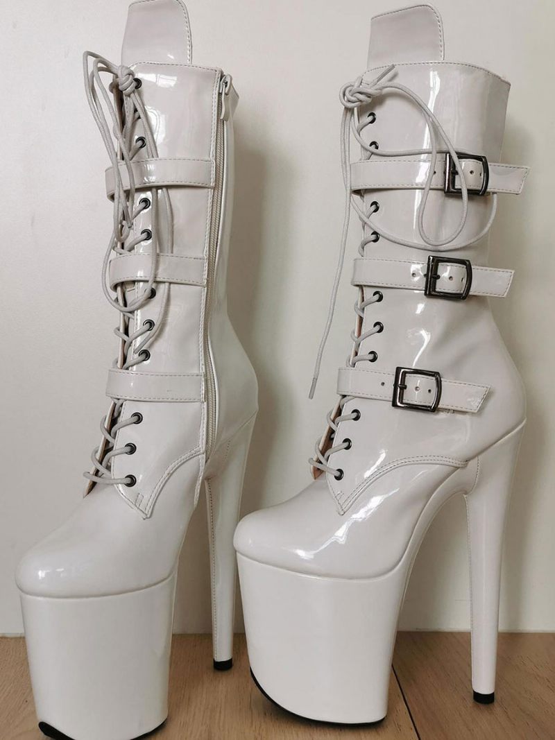 Bottes Sexy Dorées Pour Femmes Bout Rond Métallique Plateforme Fermeture Éclair Boucle À Lacets Grande Taille Chaussures Danse Pôle Talons Dénudés Dorés - Blanc