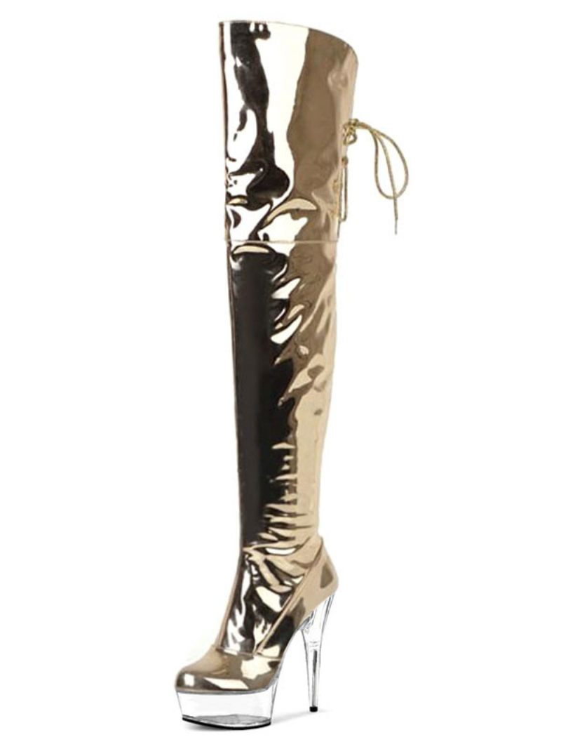 Bottes Sexy Pour Femmes Bout Ouvert Fermeture Éclair Paillettes Talon Aiguille Rave Club Cuissardes Argentées Au-dessus Du Genou - Or