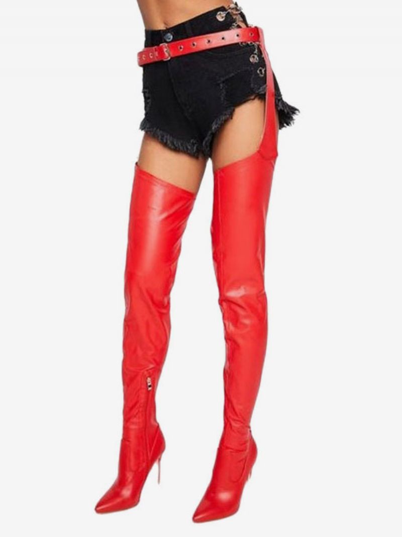 Bottes Sexy Pour Femmes Bout Pointu Boucle À Enfiler Talon Aiguille Au-dessus Du Genou Cuissardes Noires - Rouge