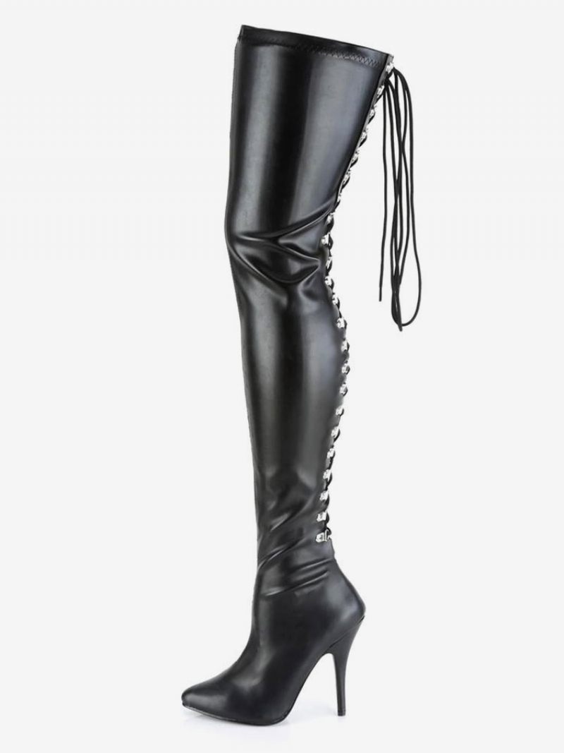 Bottes Sexy Pour Femmes Bout Pointu Fermeture Éclair Paillettes Talon Aiguille Rave Club Cuissardes Noires - Argent Noir