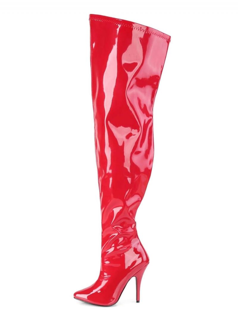 Bottes Sexy Pour Femmes Bout Pointu Fermeture Éclair Paillettes Talon Aiguille Rave Club Cuissardes Noires - Rouge