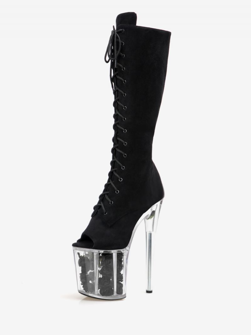 Bottes Sexy Pour Femmes Bout Rond Fermeture Éclair Talon Aiguille Géométrique Pôle Danse Cuissardes Noires Au-dessus Du Genou - Gris Foncé