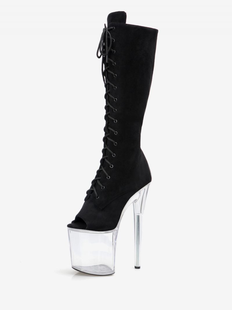 Bottes Sexy Pour Femmes Bout Rond Fermeture Éclair Talon Aiguille Géométrique Pôle Danse Cuissardes Noires Au-dessus Du Genou - Transparent