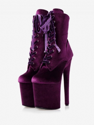 Bottes Sexy Pour Femmes Bout Rond Lacets Talon Aiguille Rave Club Cuissardes Violettes Au-dessus Du Genou