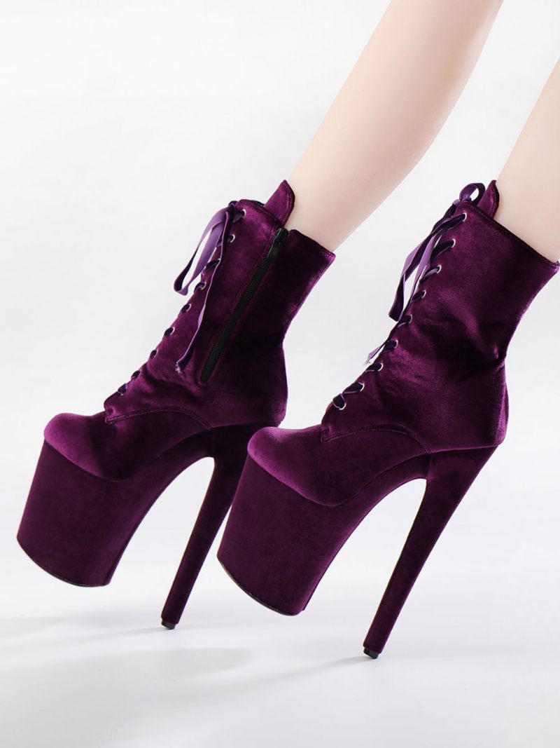 Bottes Sexy Pour Femmes Bout Rond Lacets Talon Aiguille Rave Club Cuissardes Violettes Au-dessus Du Genou - Violet