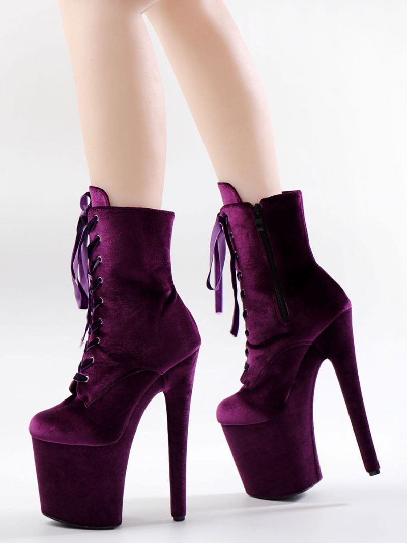 Bottes Sexy Pour Femmes Bout Rond Lacets Talon Aiguille Rave Club Cuissardes Violettes Au-dessus Du Genou - Violet