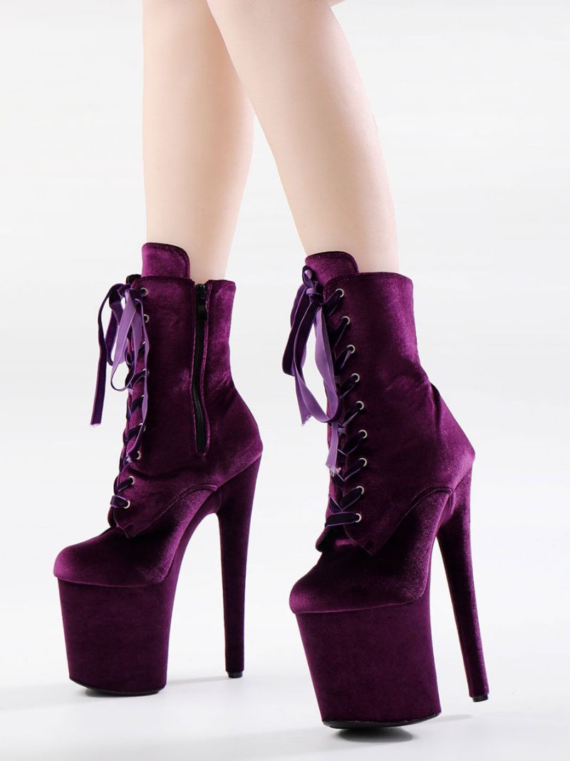 Bottes Sexy Pour Femmes Bout Rond Lacets Talon Aiguille Rave Club Cuissardes Violettes Au-dessus Du Genou - Violet