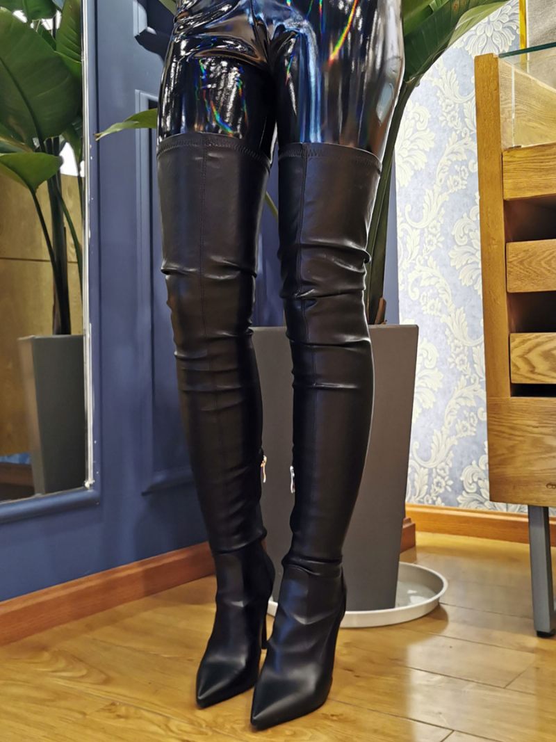 Bottes Sexy Pour Femmes Grande Taille Bout Pointu Talon Aiguille À Enfiler Cuissardes Noires Au-dessus Du Genou - Noir