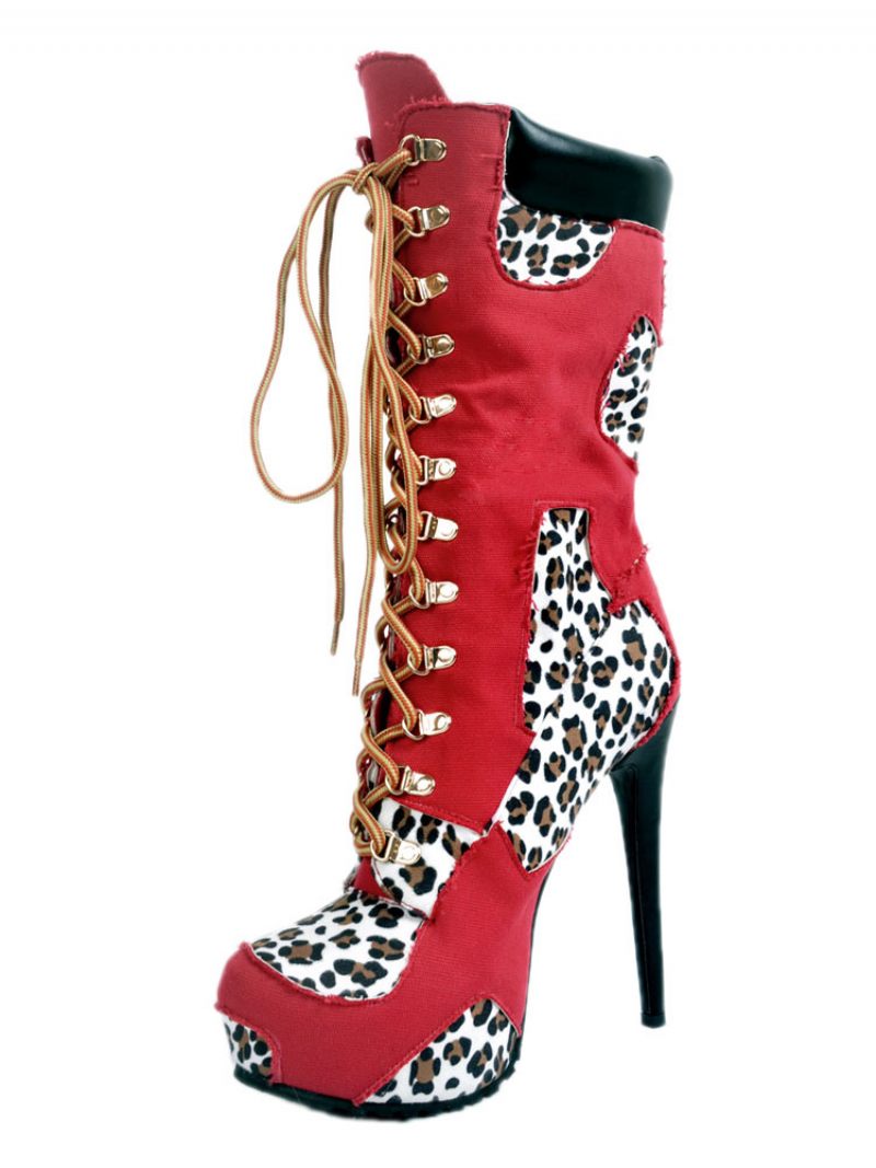 Bottes Sexy Noires À Plateforme Pour Femmes Imprimé Léopard Talons Hauts Lacets - Rouge