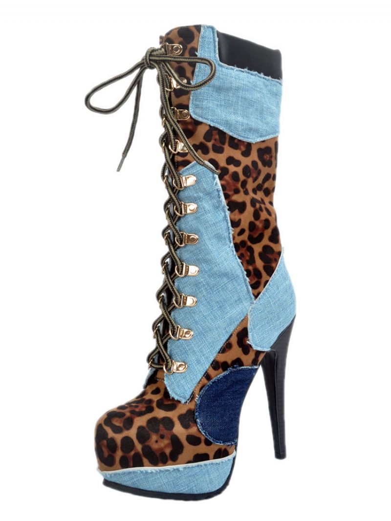 Bottes Sexy Noires À Plateforme Pour Femmes Imprimé Léopard Talons Hauts Lacets - Bleu