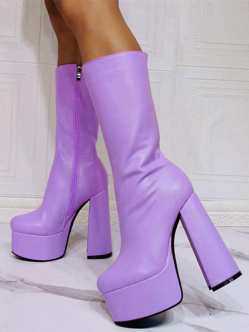 Bottes Sexy À Plateforme Et Talon Épais Pour Femme Mi-mollet Noires - Violet