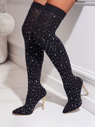 Bottes Sexy À Talons Hauts Pour Femmes Bout Pointu Strass Tenue Rue Cuissardes Noires Au-dessus Du Genou