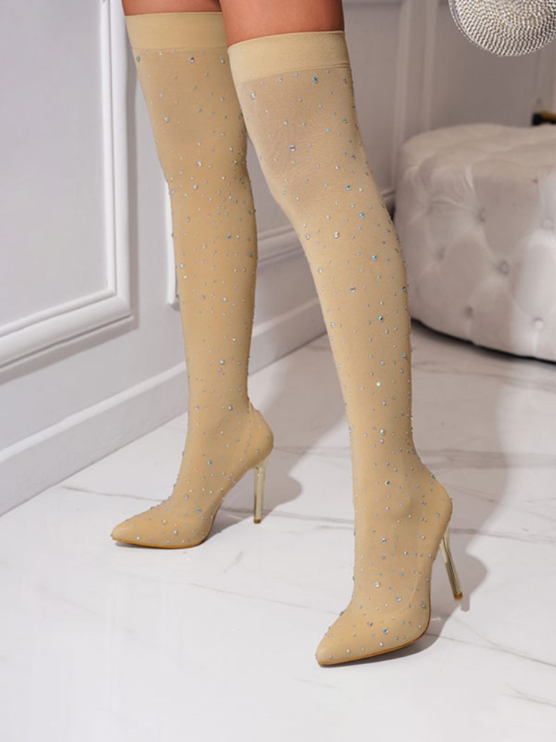 Bottes Sexy À Talons Hauts Pour Femmes Bout Pointu Strass Tenue Rue Cuissardes Noires Au-dessus Du Genou - Jaune Clair