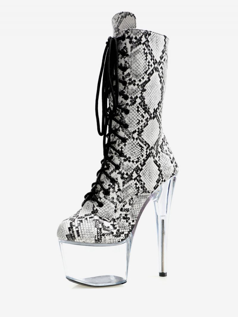 Bottes Sexy À Talons Hauts Pour Femmes Bout Rond Fermeture Éclair Imprimé Serpent Talon Aiguille Rave Club Python Cuissardes Au-dessus Du Genou - Transparent