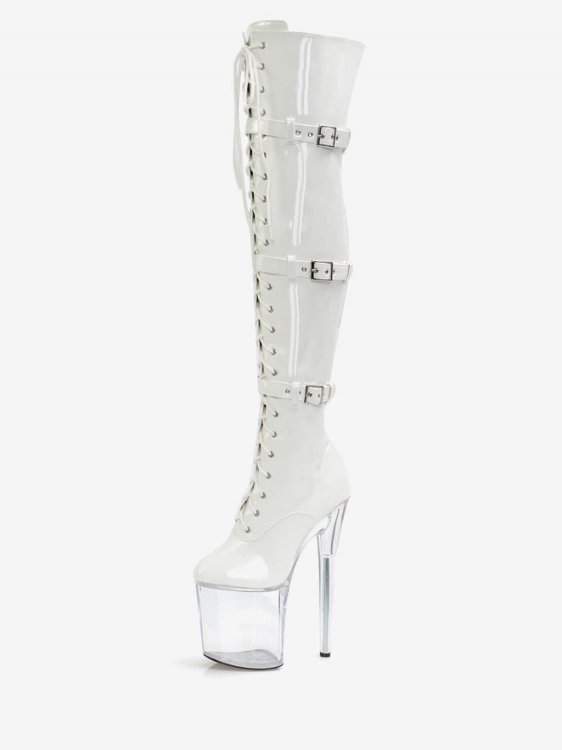 Bottes Sexy À Talons Hauts Pour Femmes Bout Rond Fermeture Éclair Talon Aiguille Géométrique Cuissardes Blanches Au-dessus Du Genou - Transparent