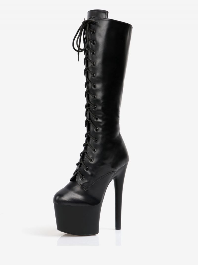 Bottes Sexy À Talons Hauts Pour Femmes Bout Rond Fermeture Éclair Talon Aiguille Géométrique Pôle Danse Cuissardes Noires Au-dessus Du Genou