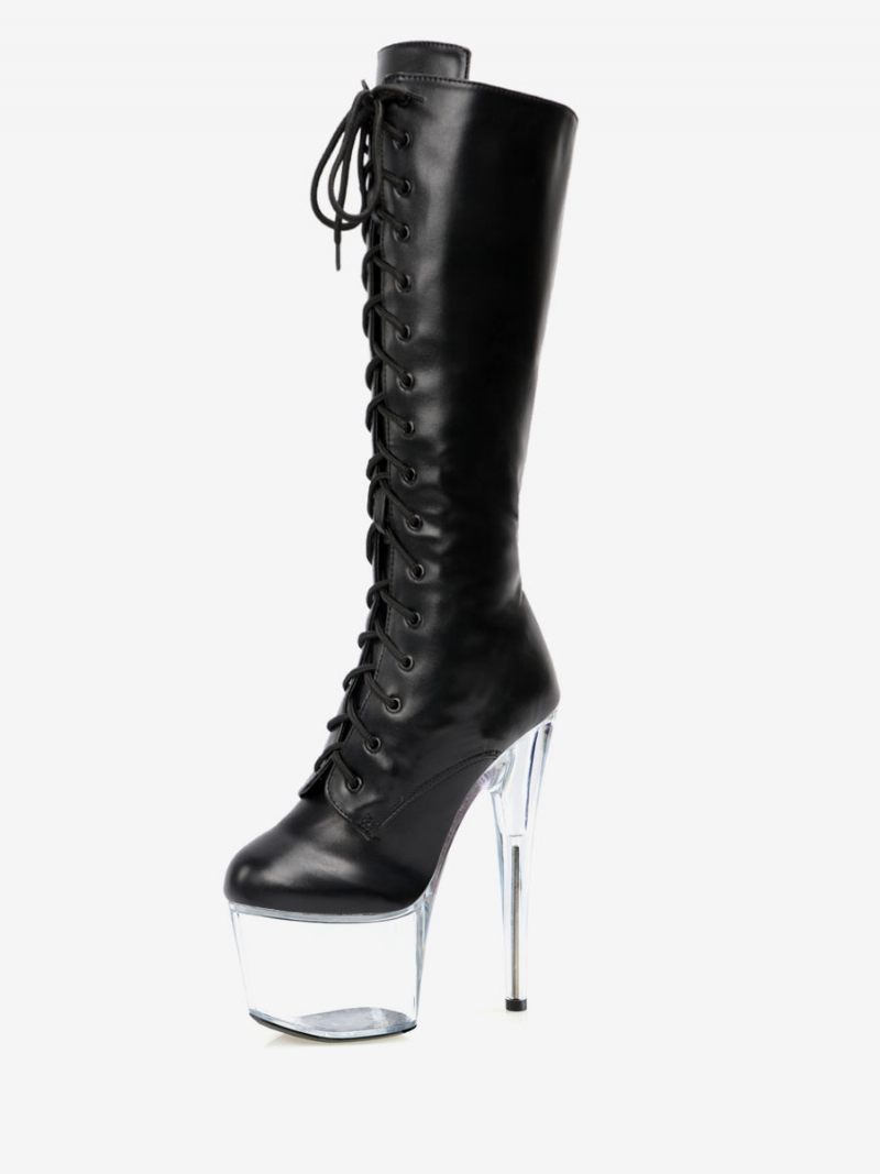 Bottes Sexy À Talons Hauts Pour Femmes Bout Rond Fermeture Éclair Talon Aiguille Géométrique Pôle Danse Cuissardes Noires Au-dessus Du Genou - Transparent